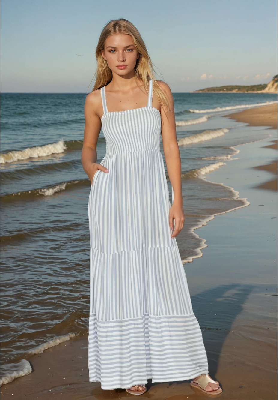 NWT Raviya Tiered Maxi Dress Cover-Up Blue Stripe Cruise Vacation Resort S
